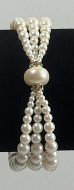 3 Strand Faux Pearl Bracelet w/ Large Faux Pearl & Rhinestone Center Focal Point